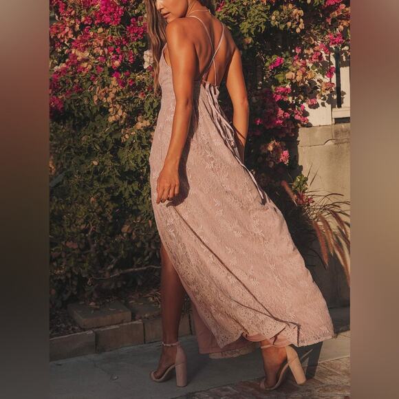 NWT Lulus Stolen Moments Dusty Pink Lace-Up Lace Maxi Dress Size Small - Picture 12 of 13